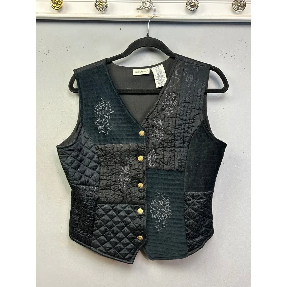 Vintage Vest Women Medium Black‎ Floral Patchwork Quilted Embroidered Boho